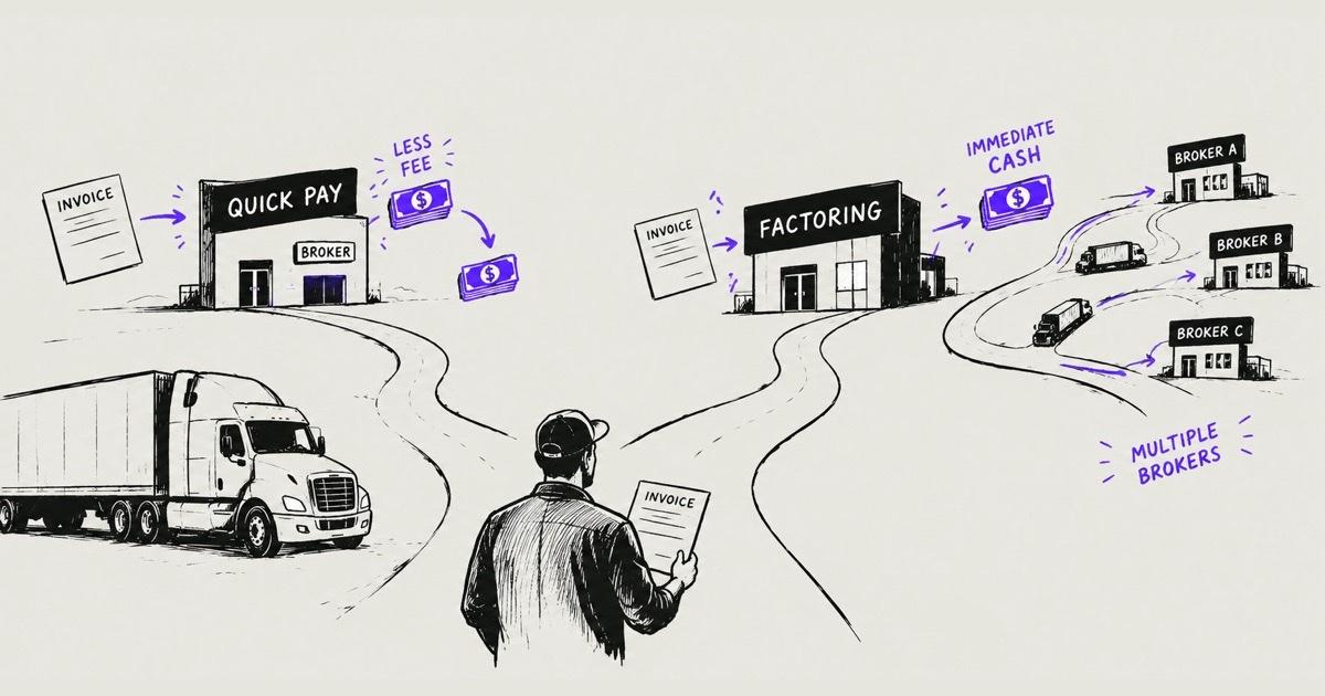 Ink illustration of a carrier at a fork in the road holding an invoice, one path leading to broker quick pay with a smaller fee and the other to a factoring company covering multiple brokers