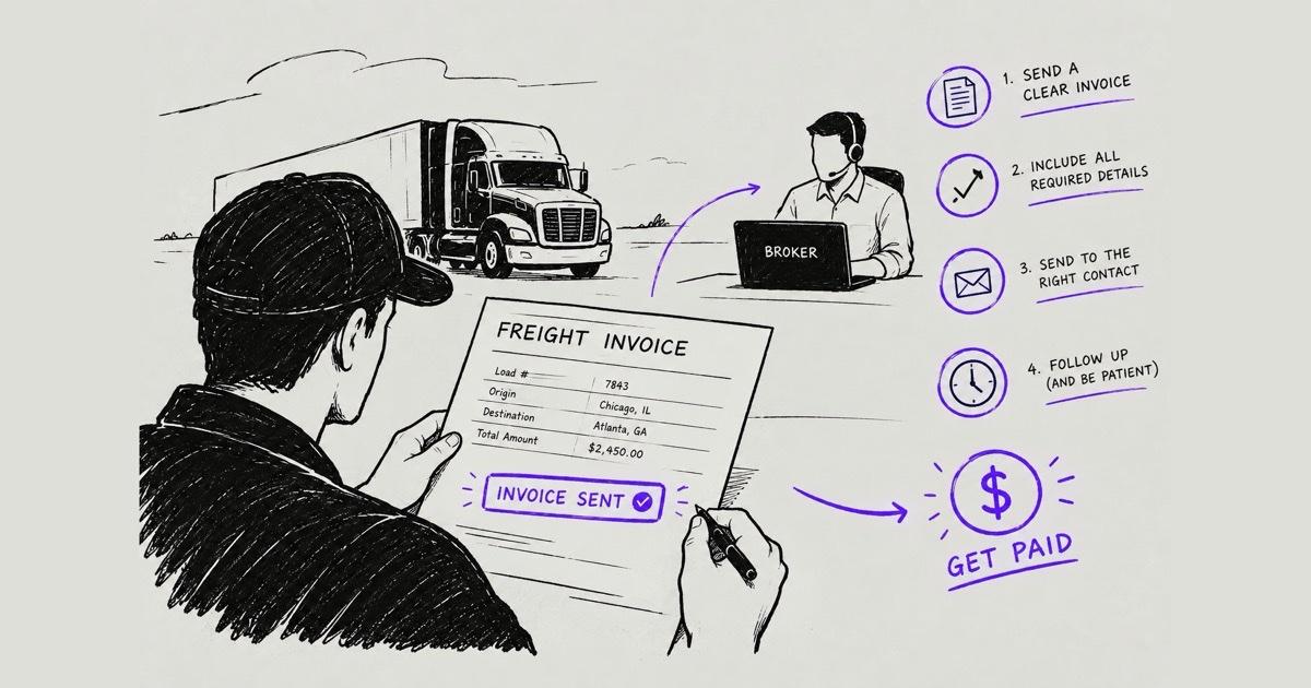 Ink illustration of a carrier marking a freight invoice as sent, beside four steps: send a clear invoice, include all required details, send it to the right contact, and follow up