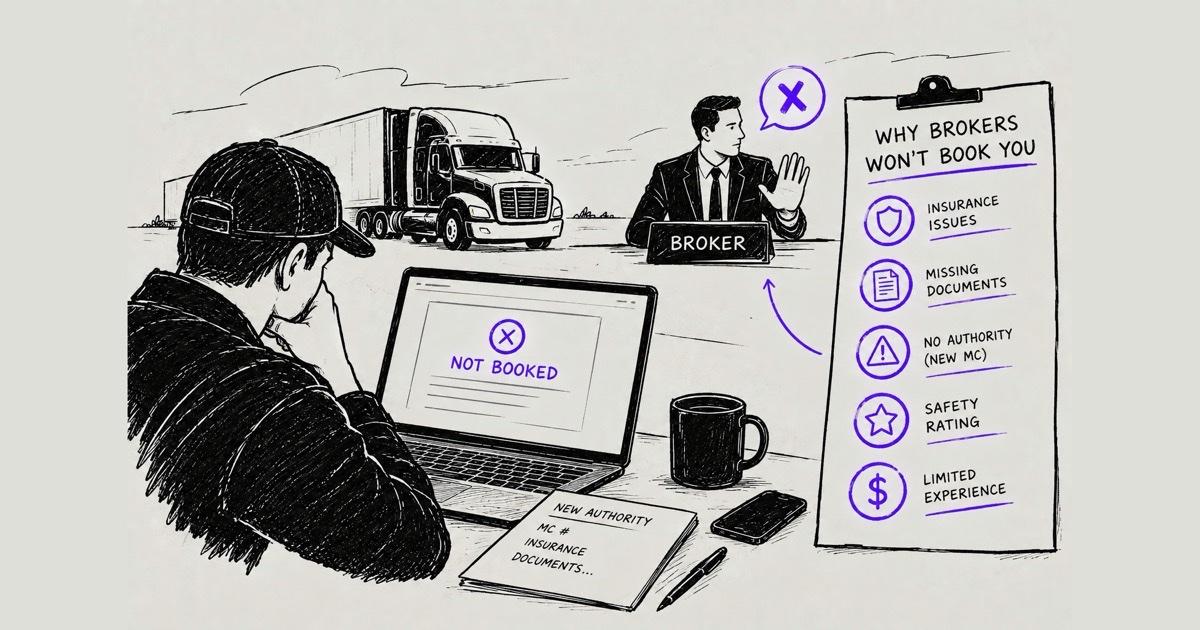 Ink illustration of a carrier facing a not booked screen while a broker holds up a hand, beside a clipboard listing why brokers decline: insurance issues, missing documents, no authority history, safety rating and limited experience