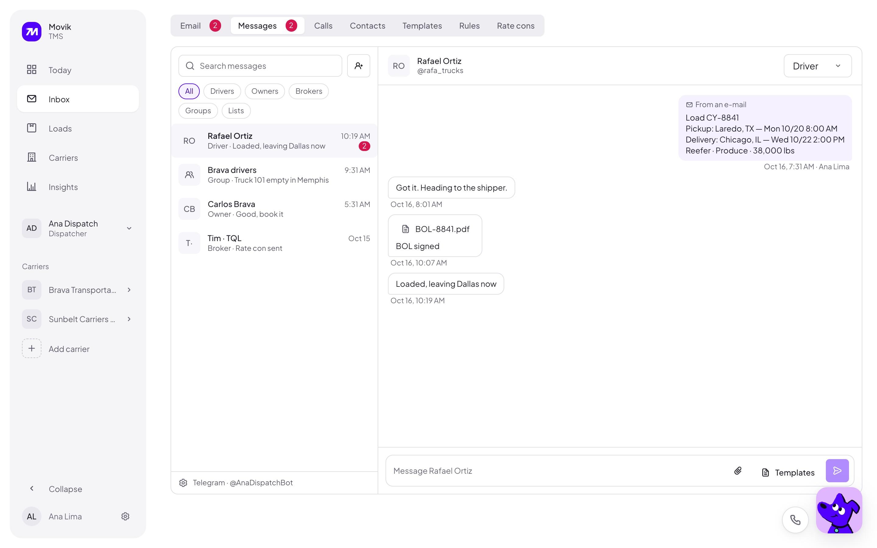Messages in the Inbox: Telegram conversations with drivers, owners and groups